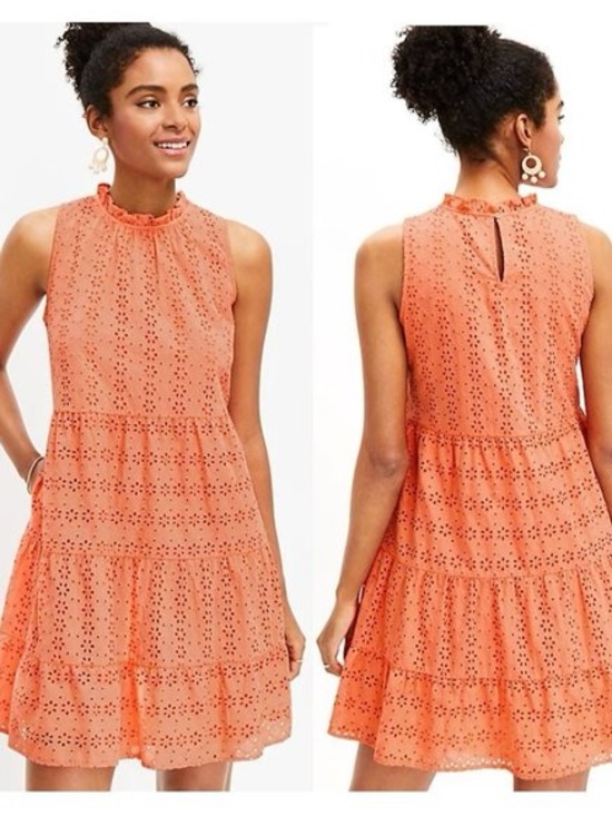 LOFT Dresses & Skirts - LOFT Coral Orange Eyelet Tiered Midi Dress XS